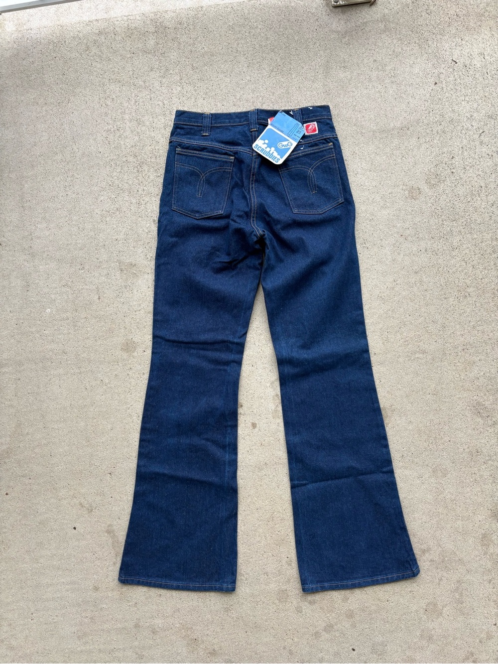 NOS Vintage 70s GWG Scrubbies Flare Bell Bottom Jeans Deadstock Raw Denim 31x34.